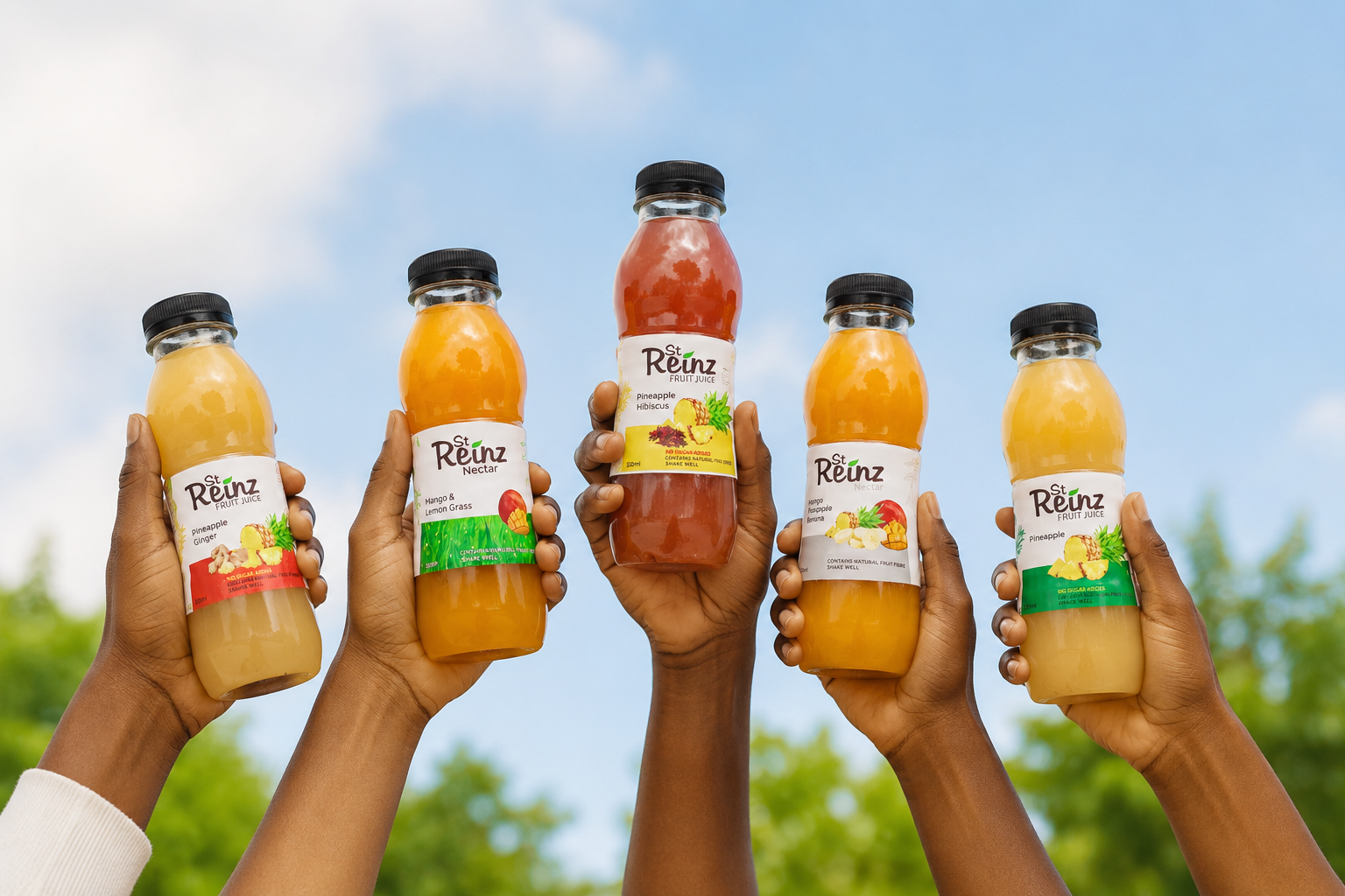 Hands raising St. Reinz product bottles